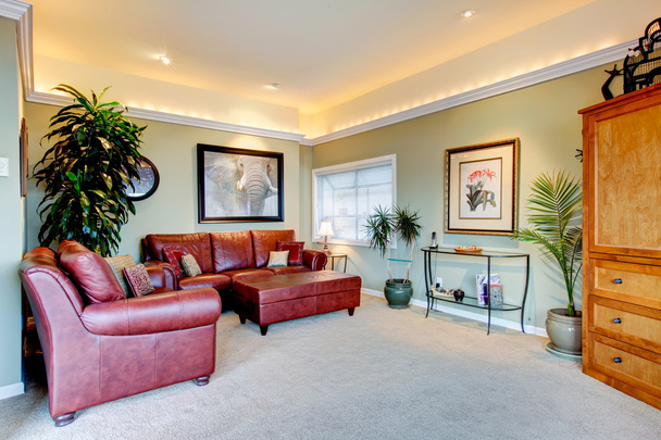 アイボリーの壁と赤い革張りのソファのある居心地の良いファミリールーム設定. - 写真・画像