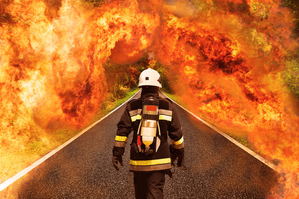 Pompiers vont dans la forêt pour lutter contre les incendies, Travail d'équipe et opération avec cas d'incendie et la mission devrait être réussie, Pompiers avec combinaison et équipement pour le fonctionnement en cas d'incendie
. - Photo, image