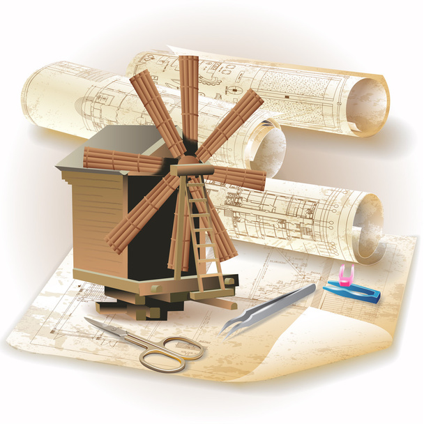 Grunge fond architectural avec un moulin à vent dans un style rétro et rouleaux de dessins techniques
 - Vecteur, image