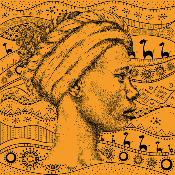 Mädchen im Turban mit afrikanischer Handzeichnung Ethno-Muster, Stammeshintergrund. schöne schwarze Frau. Profilansicht. Vektorillustration - Vektor, Bild