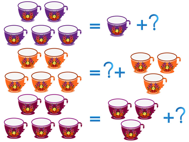 Juegos educativos para niños, sobre la composición de los cinco, ejemplo con copas
. - Vector, Imagen