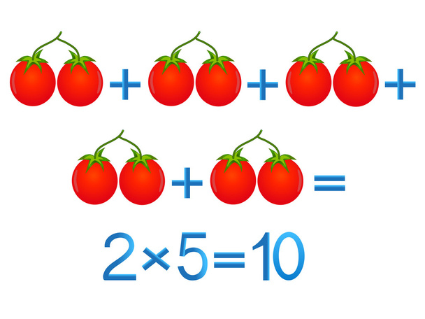 Giochi educativi per bambini, azione di moltiplicazione, esempio con i pomodori
. - Vettoriali, immagini