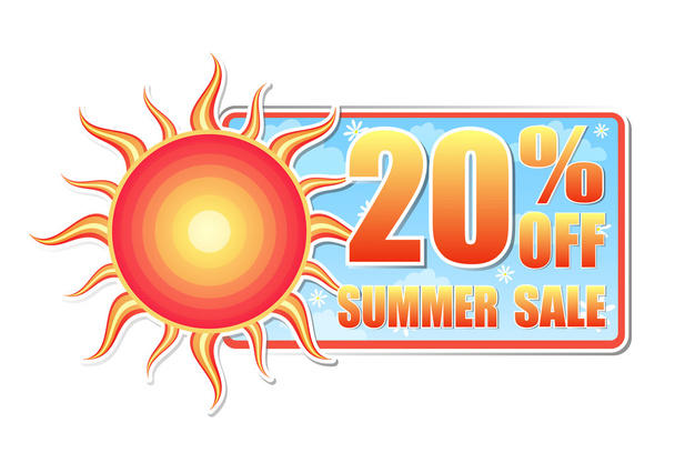 20 por ciento de descuento en la venta de verano en la etiqueta con sol, vector
 - Vector, imagen