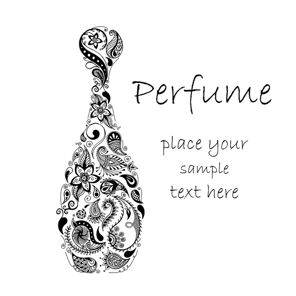 Patterned bottle of perfume. Batik, doodle, zentangle design. It may be used for shirt, bag, postcard and poster.  - Vektör, Görsel