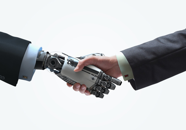 Business Digital Communication Symbol Human and Robot hands in handshake - Foto, Imagen
