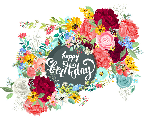 Birthday card with lettering and flowers. - Vetor, Imagem