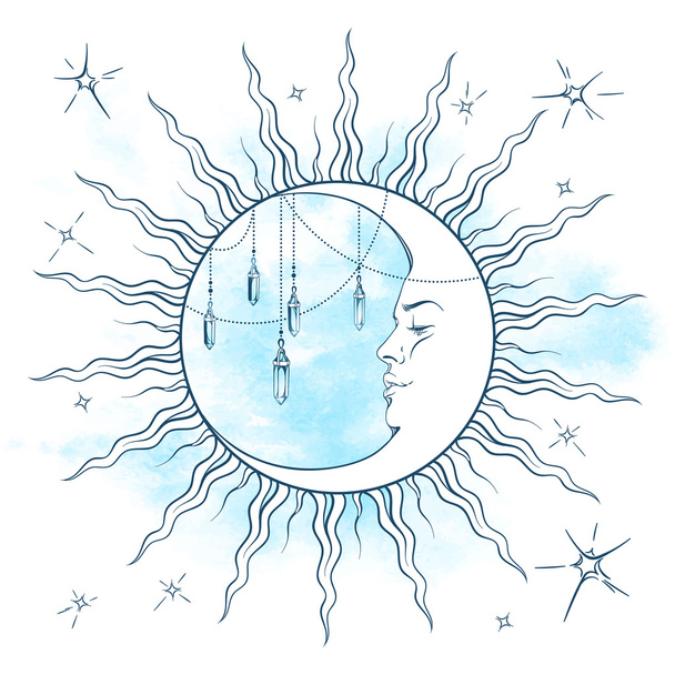 Luna creciente azul con colgantes de piedra lunar e ilustración de vectores de estrellas
 - Vector, imagen