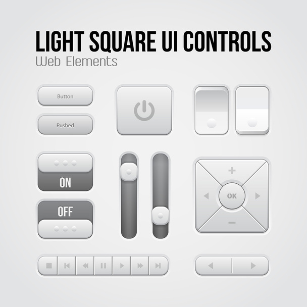 Light Square UI Controls Web Elements: Buttons, Switchers, On, Off, Player, Audio, Video: Play, Stop, Next, Pause, Volume, Equalizer, Arrows - Vettoriali, immagini