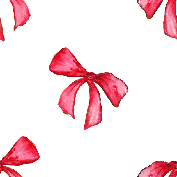 Watercolor red pink bow tape ribbon gift seamless pattern background - Photo, Image