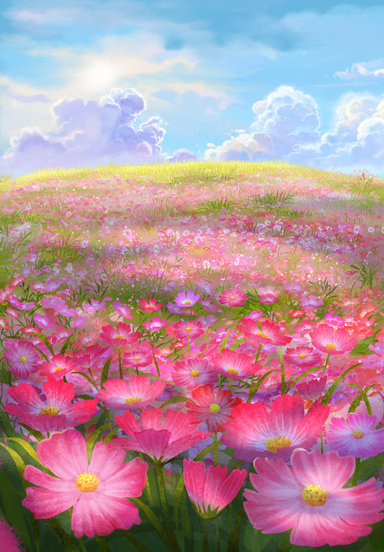 flower field on hill painting illustration - Photo, Image