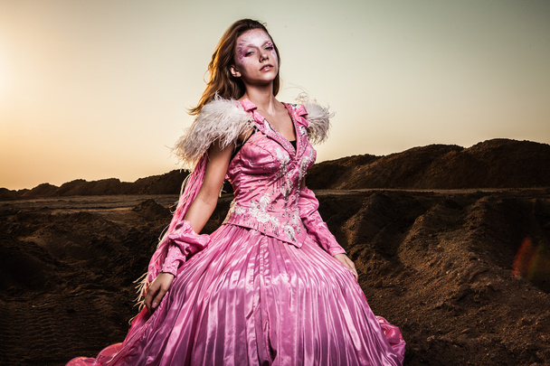 Portrait of attractive romantic woman at fairy dry field. - Fotó, kép