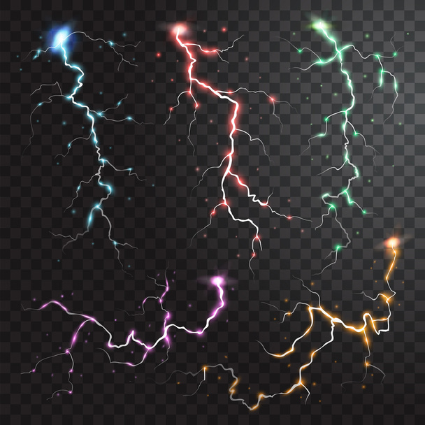 Gewitter realistische Elemente mit farbigen Blitzen Funken auf schwarzem halb transparentem Hintergrund isolierte Vektorillustration - Vektor, Bild