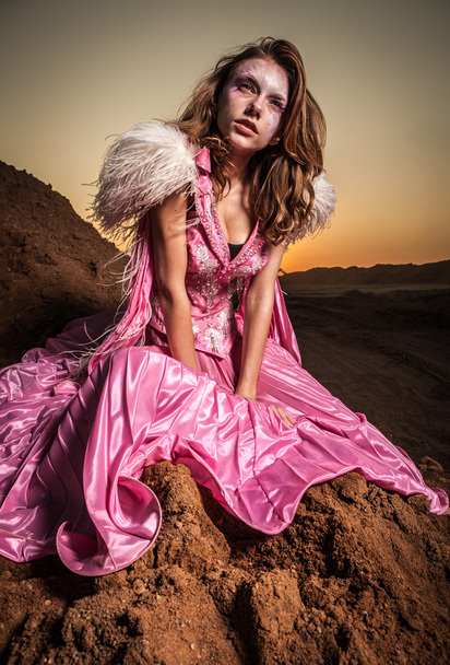 Portrait of attractive romantic woman at fairy dry field. - Fotoğraf, Görsel