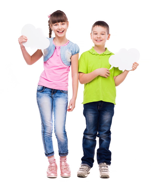 cute boy and girl holding scraps of paper - Foto, imagen