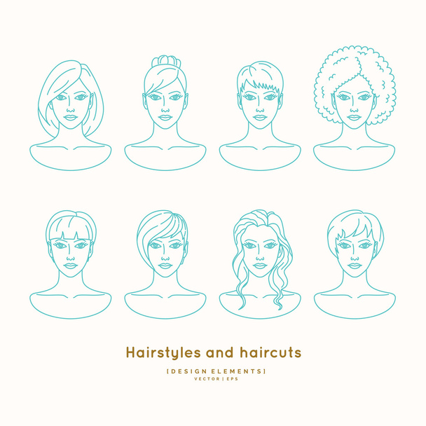 Set of female faces with different hairstyles - Vector, Image