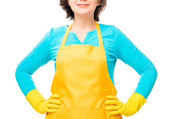 retrato de una ama de casa con la ropa protectora de col amarillo
 - Foto, Imagen