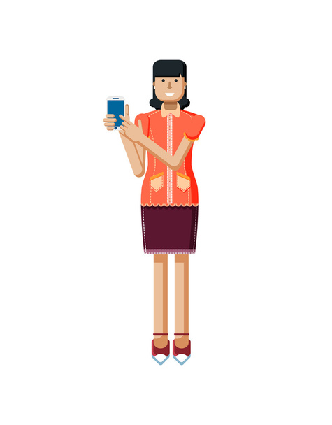illustrazione isolata di donna europea con capelli scuri, orecchini, camicetta, smartphone touch screen a mano in stile piatto
 - Vettoriali, immagini