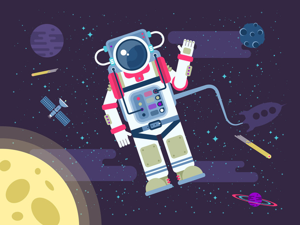 illustration of an astronaut or cosmonaut flying in outer space near the moon in a flat style - Vettoriali, immagini