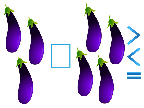 Educational game for children, comparison of the number of eggplants. - Vector, Image