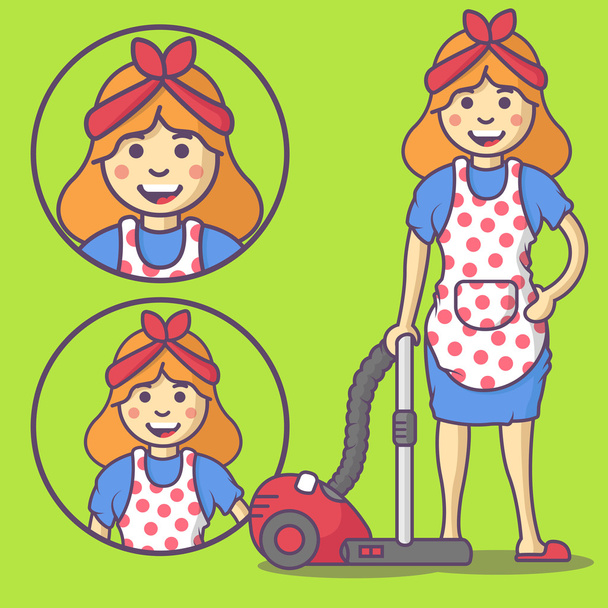 Hausfrau in Schürze und Hausschuhen und mit Staubsauger-Vektor-Hausfrau-Emoji. Hausfrauen-Ikonen. Hausfrauenfigur im Cartoon-Stil.  - Vektor, Bild