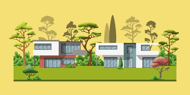 Illustration de deux maisons familiales modernes avec arbres
 - Vecteur, image