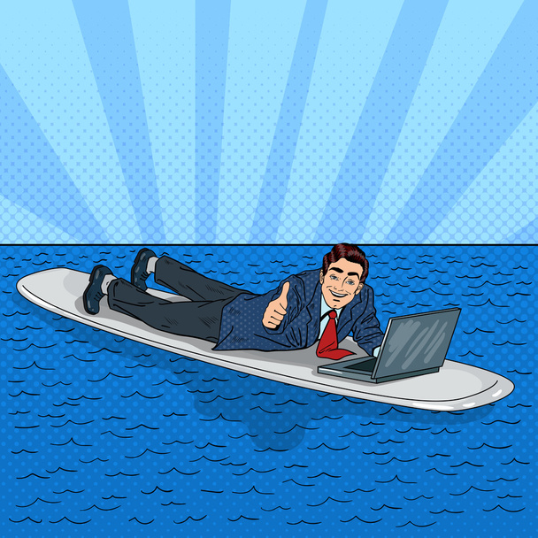 Успішний бізнесмен Серфінг на морі з ноутбуком. Поп-арт Векторні ілюстрації
 - Вектор, зображення