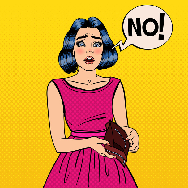 unglückliche Frau mit leerem Geldbeutel. Finanzversagen. Pop Art Vektor Illustration - Vektor, Bild