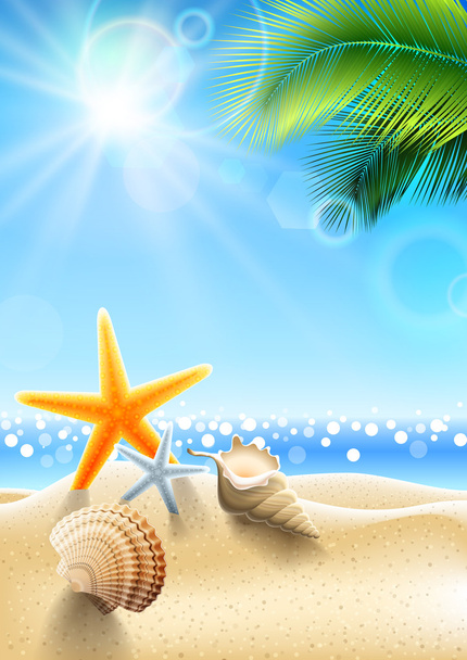 Letnie wakacje - muszla na tropikalnej plaży - Wektor, obraz