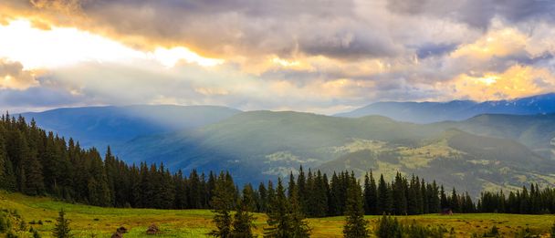 Panoramic view of picturesque Carpathian mountains landscape, scenery of sunset. Ukraine, Europe. - Фото, изображение