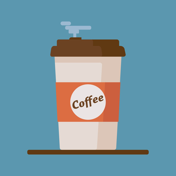 Coffee cup icon with text coffee on blue background. Flat vector illustration - Vector, Image