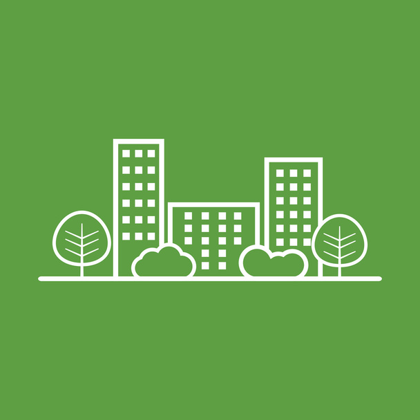 Vector city illustration in flat style. Building, tree and shrub on green background - Вектор,изображение