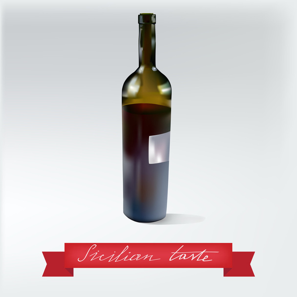 Wine bottle with hand drawn lettering on the red ribbon. Green wine bottle with red wine. - Διάνυσμα, εικόνα