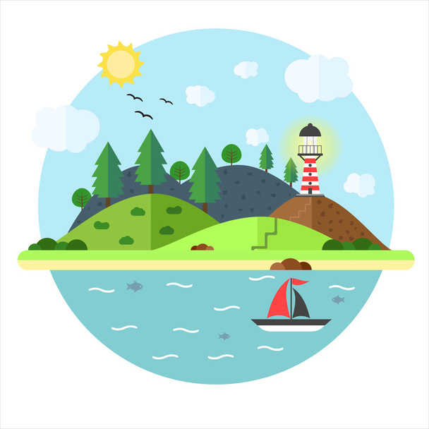 Vacation in the sea with lighthouse, hill, tree, mountain, fish and sailing ship. Summer time holiday voyage concept. Illustration in flat style. Travel background. - Vector, Imagen