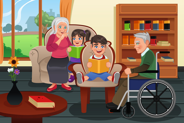 Kids Visiting a Retirement Home - Vector, Image