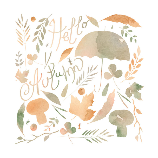 illustration depicting a set of leaves, twigs, berries, flowers, autumn elements. watercolor texture ocher, orange, gray, brown. - Fotó, kép