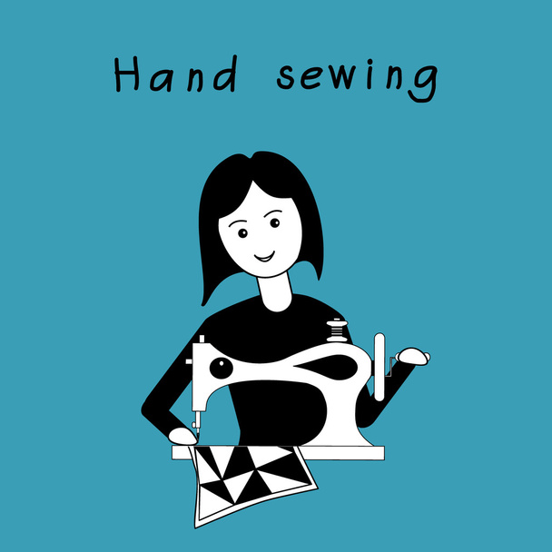 Chica costura patchwork guil en la máquina de coser retro. Diseño plano blanco y negro sobre fondo azul
. - Vector, Imagen