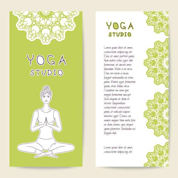 Kartenvorlage für Wellness-Center, Yoga-Studio, Zentrum oder Kurs. schöne Mädchen Yogi. Vektorabbildung mit Vorder- und Rückseite. - Vektor, Bild