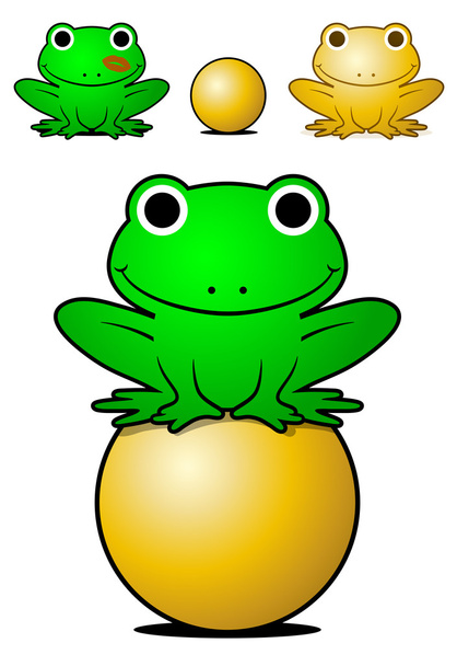 Grenouille verte souriante équilibrant sur une boule dorée
 - Vecteur, image