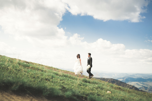 Gorgeous bride and stylish groom walking at sunny landscape, wedding couple, luxury ceremony mountains with amazing view, space for text - Foto, immagini