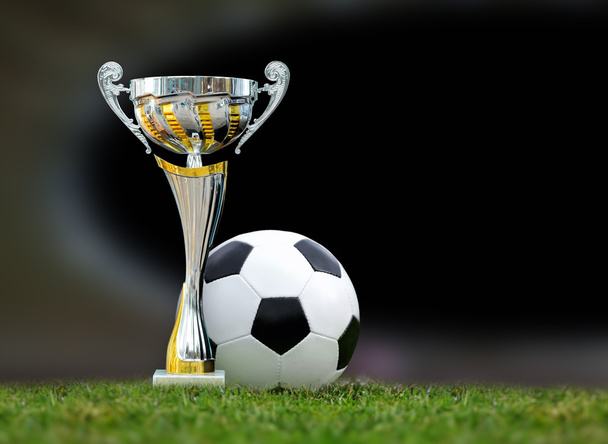 Gouden trofee en voetbal bal in gras  - Foto, afbeelding