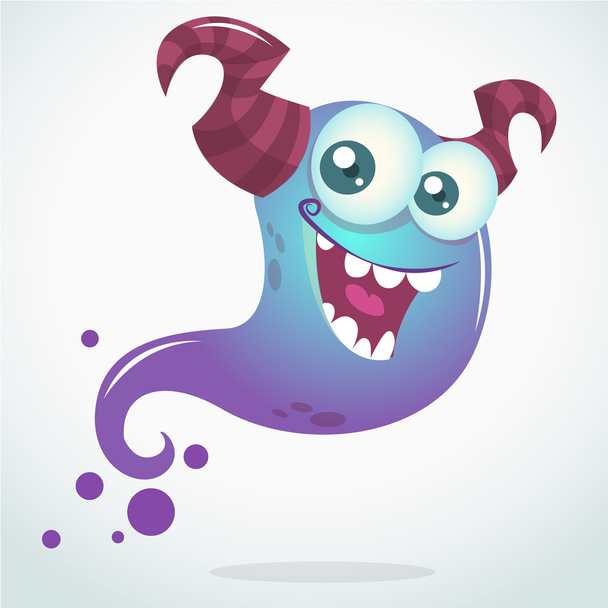 Happy cartoon blue ghost with two horns and big eyes. Vector Halloween character - Vector, Imagen