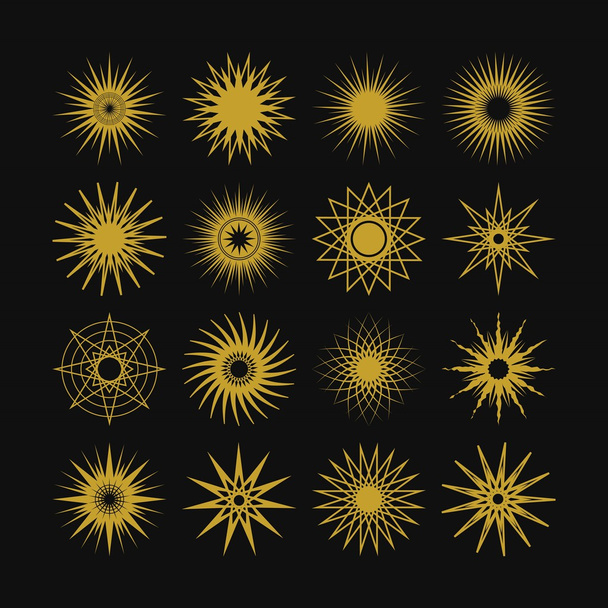Linie und Silhouette geometrisches Poly Gramm goldene Sterne Symbole auf schwarzem Hintergrund gesetzt - Vektor, Bild