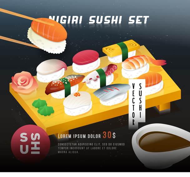 Винтажный плакат суши. Векторная иллюстрация набора нигири на блюдо с имбирем и васаби. Японская еда. Обложка меню
. - Вектор,изображение