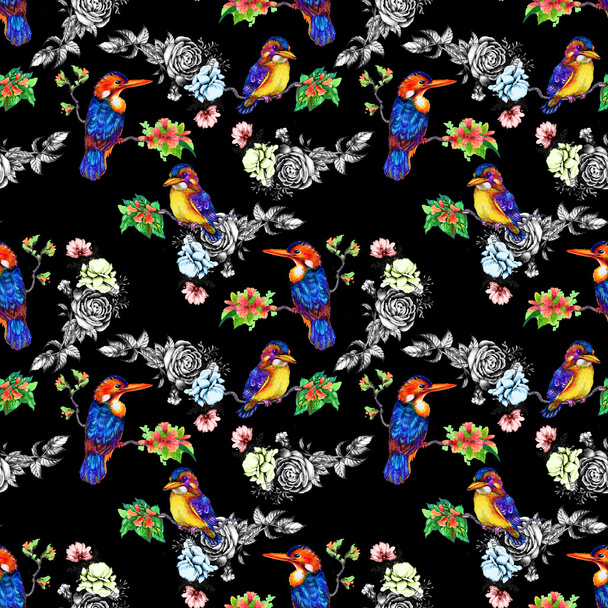 Beautiful birds and flowers pattern  - Foto, Imagen