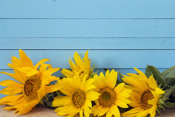 Background with sunflowers on blue wooden boards. Space for text - Fotografie, Obrázek