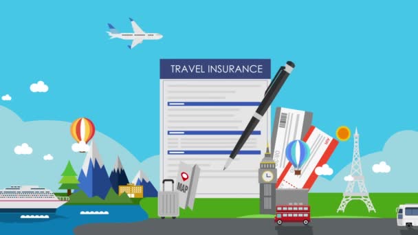 Cestovní pojištění pro cestování po světě, prohlídka. letenky. ilustrace animace (včetně alfa) - Záběry, video