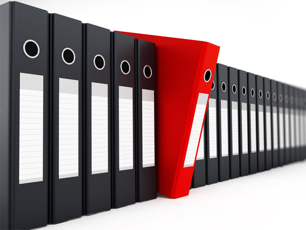 Red folder standing out from black folders. 3D illustration - 写真・画像