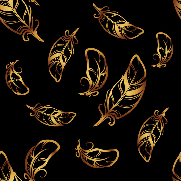 vector seamless pattern with golden feathers on black background - Vector, Imagen