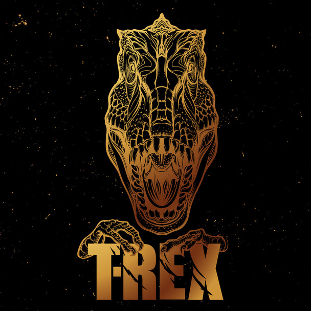 Tyrannosaurus roaring head with t-rex sign. Golden on black. - Vektör, Görsel