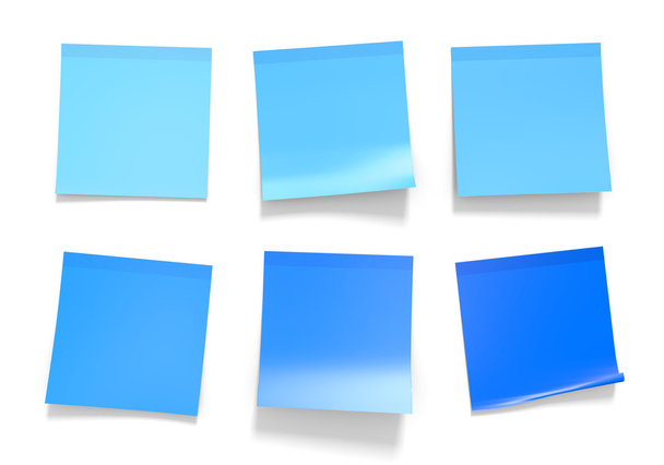 Σετ μπλε γραφείο κολλώδεις σημειώσεις για υπενθυμίσεις και σημαντικές πληροφορίες, 3d rendering - Φωτογραφία, εικόνα